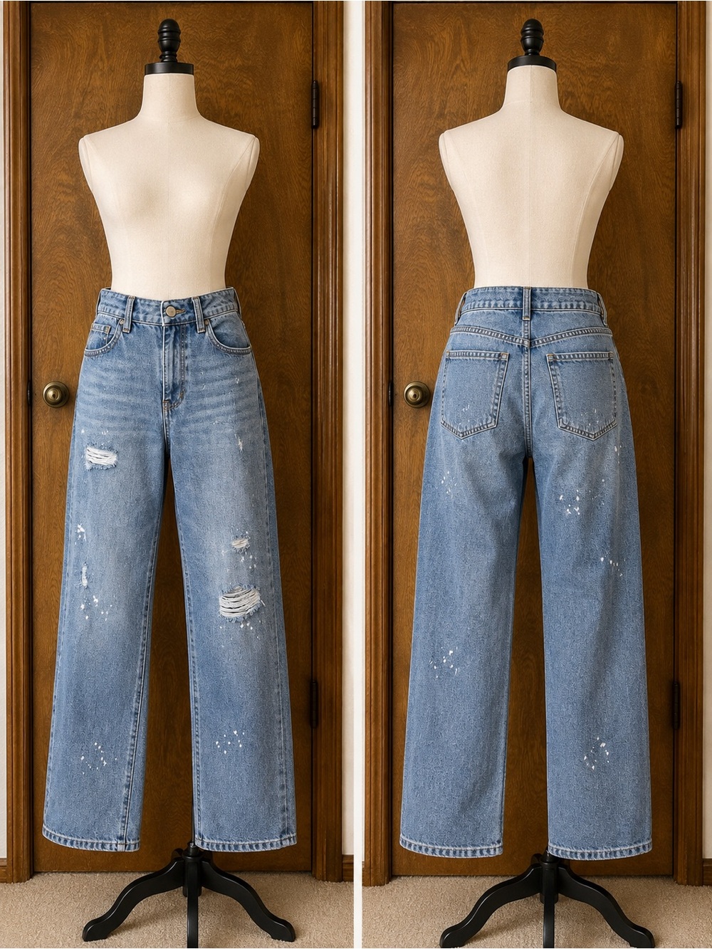 CAbi 100% BF Jeans Size 12 Distressed Straight Boyfriend Denim mid rise